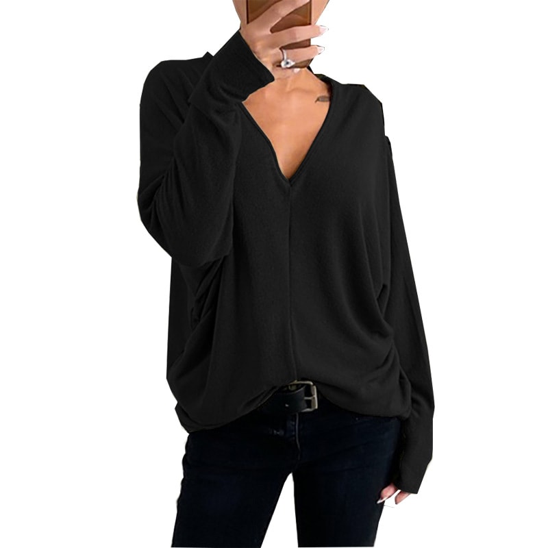 V-neck Lapsed Sleeves Loose Long-sleeved Top T-shirt For Women view 4