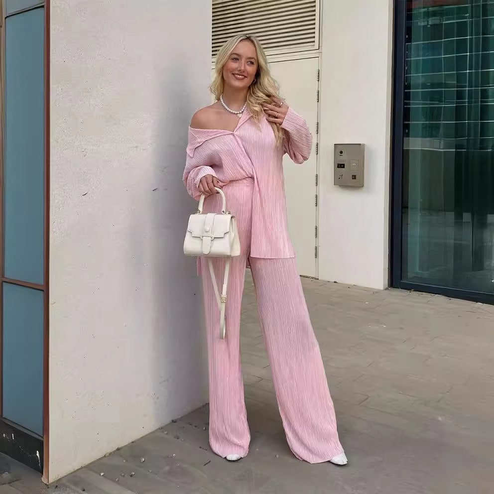 Pleated Design Shirt Outfit Straight-leg Trousers Loose Drooping Two-piece Set view 26