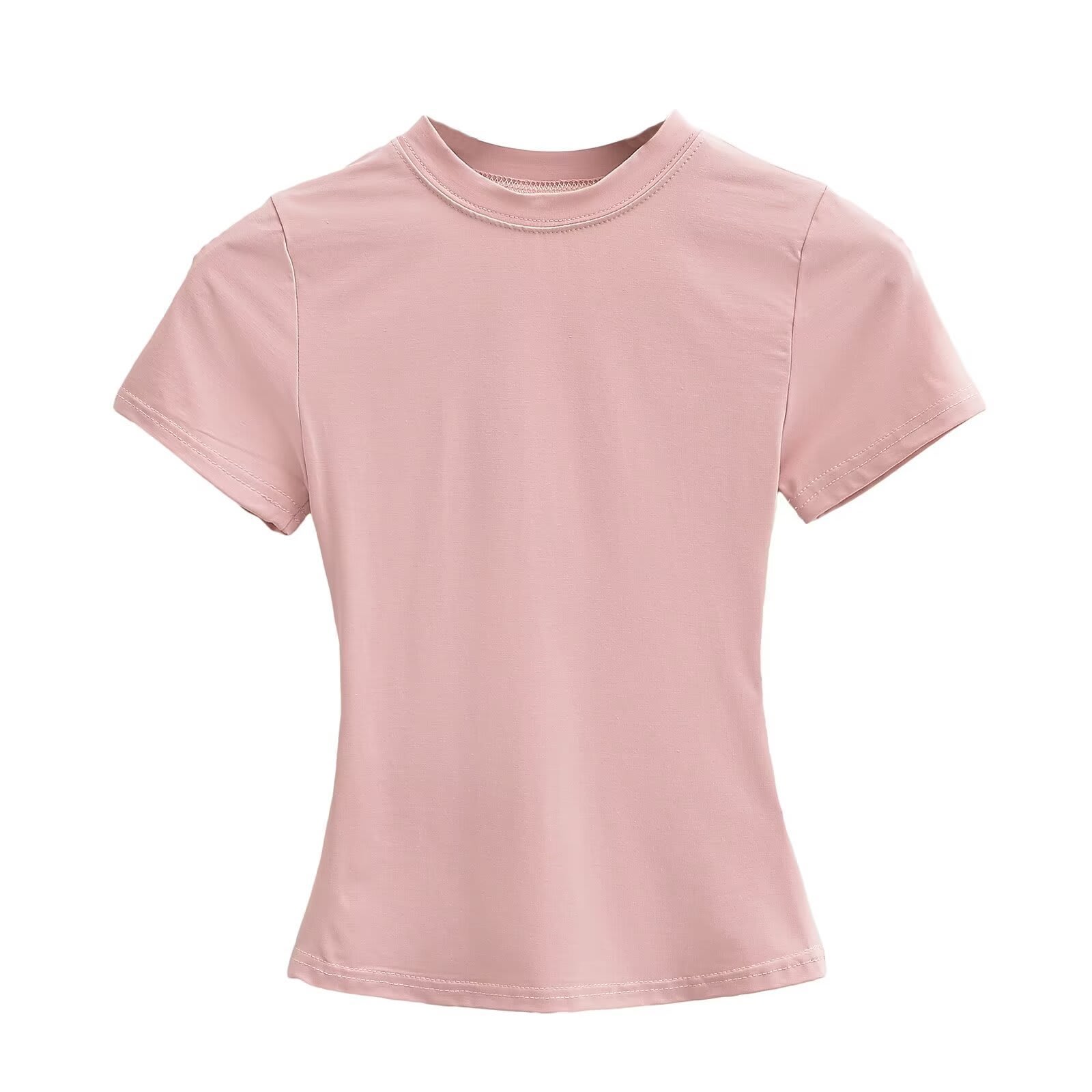 Solid Color Small Round Neck Elastic Shoulder Short Sleeve T-shirt Basic Style Waist-tight view 6