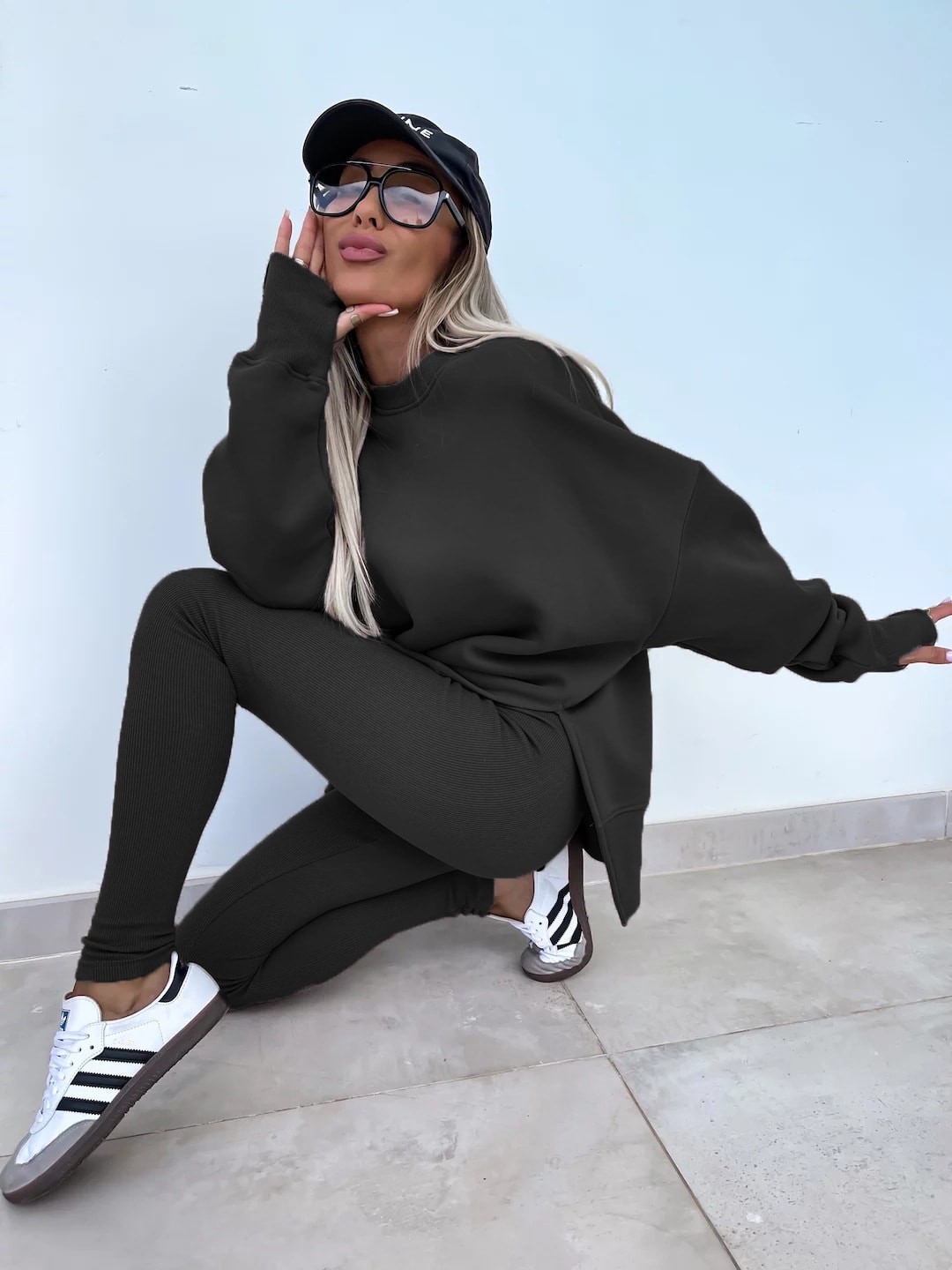 Sweater Suit Women's Casual Loose Long Sleeve Crew Neck Split Top Tight Trousers view 27