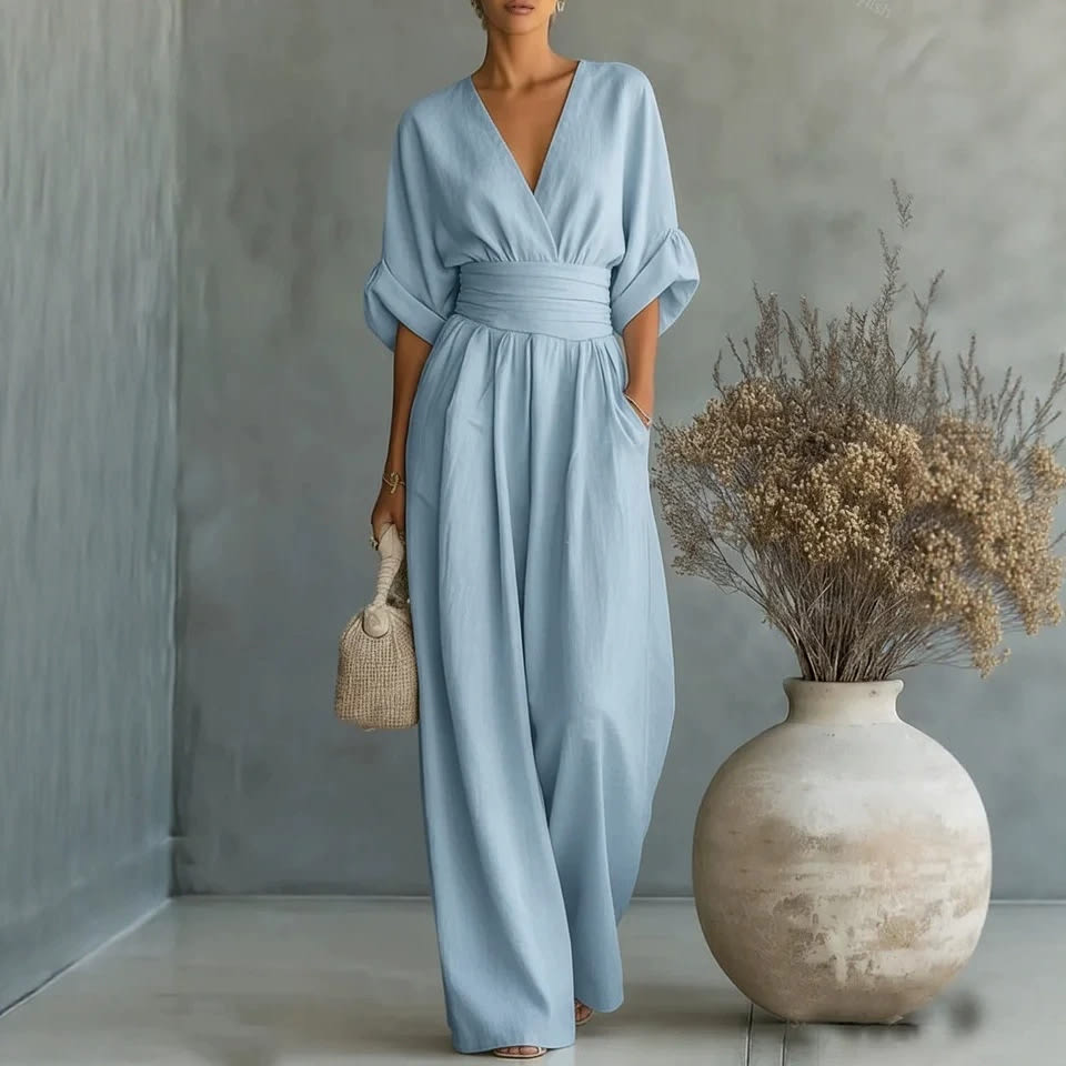 Summer Short-sleeved Jumpsuit Fashion Casual V-Neck Wide-Leg Pants Womens Clothing view 12