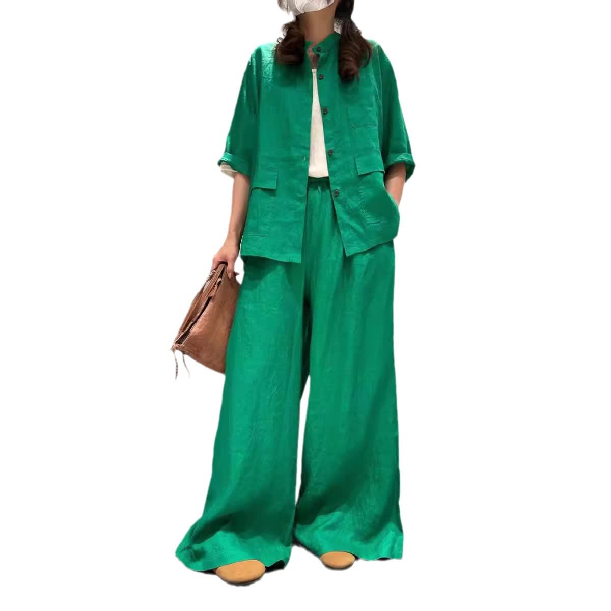 Solid Color Linen Suit Half Sleeve Shirt Casual Pants view 17