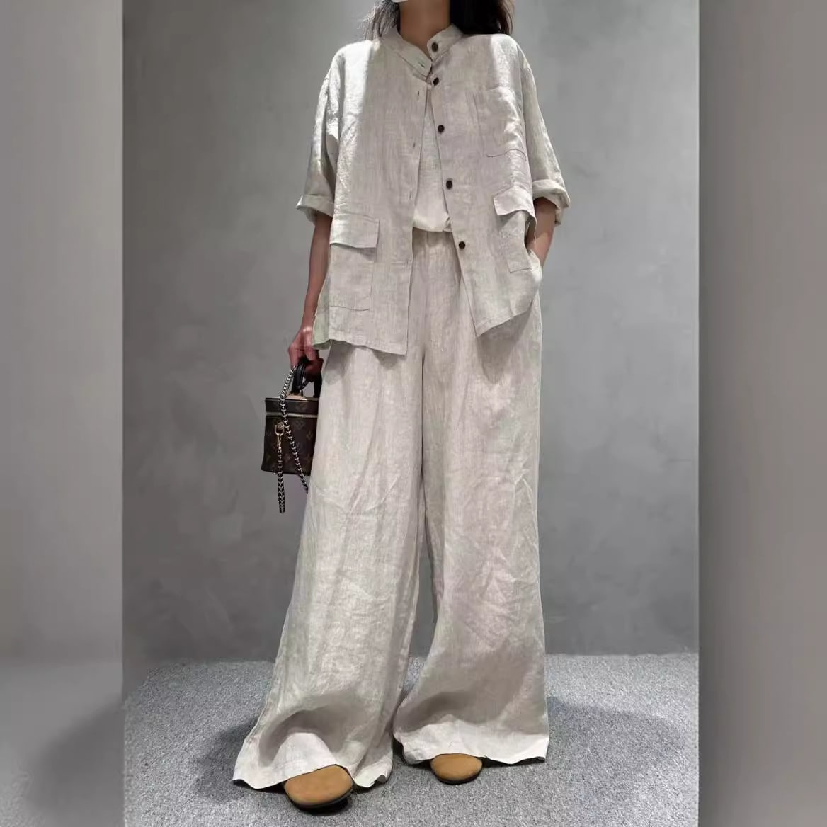 Solid Color Linen Suit Half Sleeve Shirt Casual Pants view 15