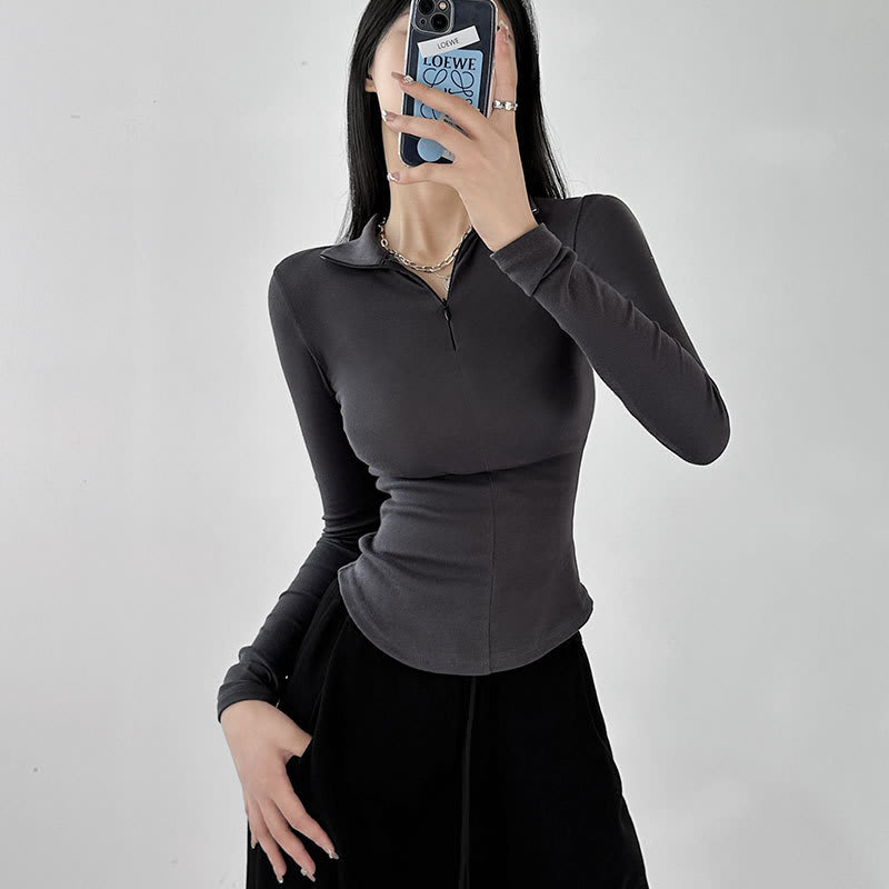 Slim Fit Show Thin Black Hot Girl Polo Collar Top view 2