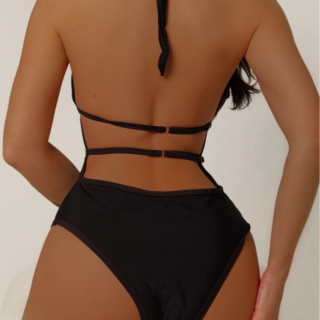 Black One-piece Swimsuit Women's Transparent Backless view 6