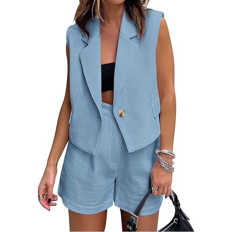 Leisure Commute Button Sleeveless Midriff-baring Vest Coat High Waist Shorts Two-piece Set view 7