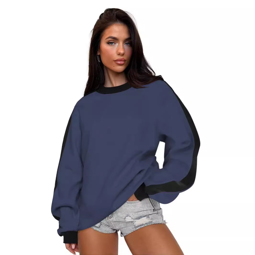 Women's Contrast Color Round Neck Loose Sweater Long-sleeved Top view 4