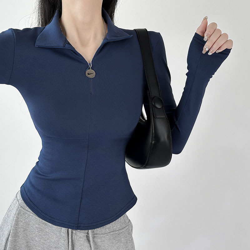 Slim Fit Show Thin Black Hot Girl Polo Collar Top view 7