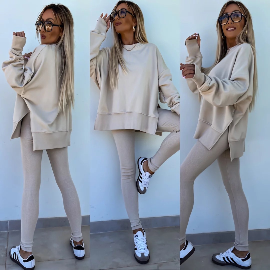 Sweater Suit Women's Casual Loose Long Sleeve Crew Neck Split Top Tight Trousers view 48
