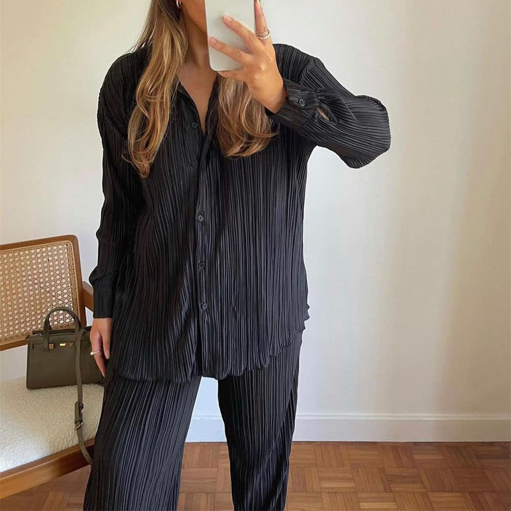 Pleated Design Shirt Outfit Straight-leg Trousers Loose Drooping Two-piece Set view 19