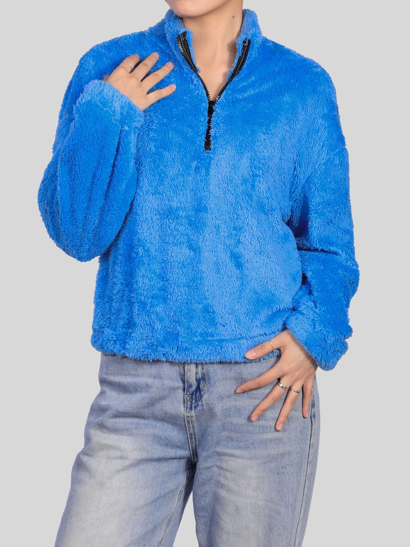 Thermal Half-high Collar Long Sleeves Zipper Design Loose Casual Top view 3