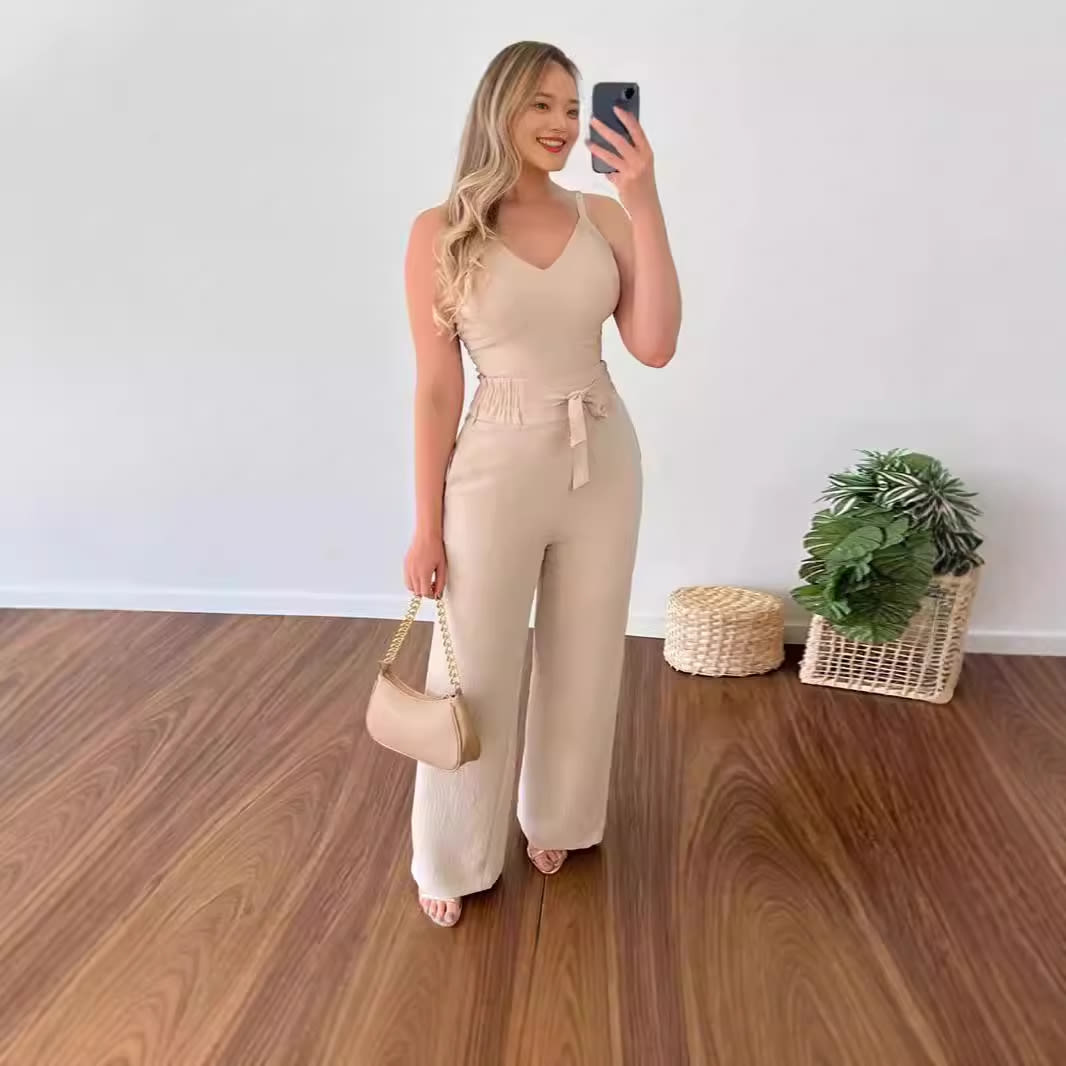 Women's Solid Color Slim Elastic Pleated Two-Piece Suit Sexy Spaghetti Strap V-neck Backless Vest High Waist Wide Leg Pants Suit view 5