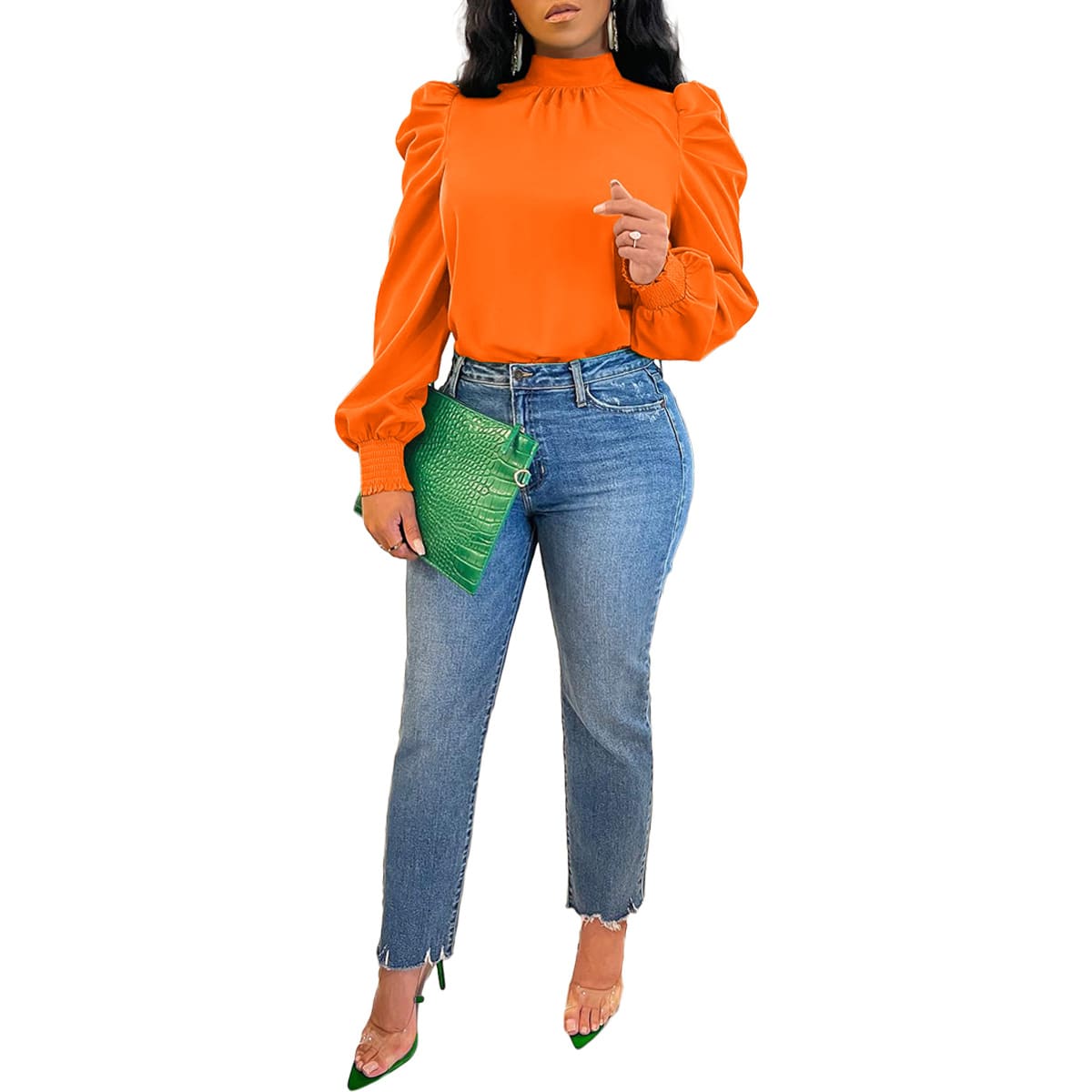 Stand Collar Puff Sleeve Back Lace-up Top view 4