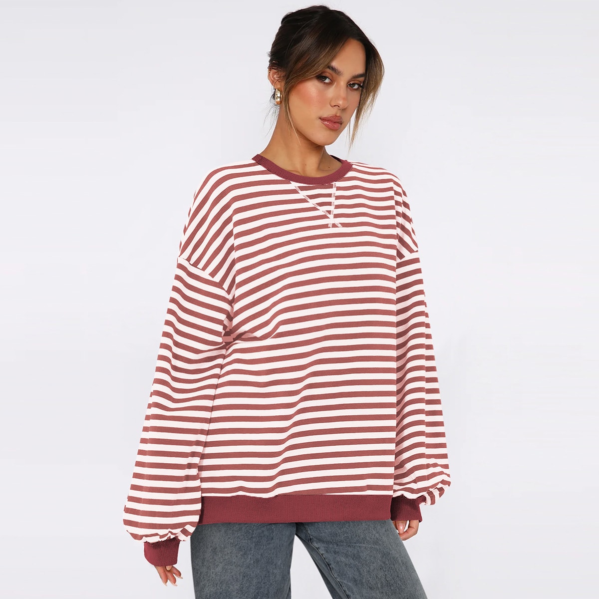 Women's Fashion Round Neck Striped Sweater Loose Bishop Sleeves Top view 6