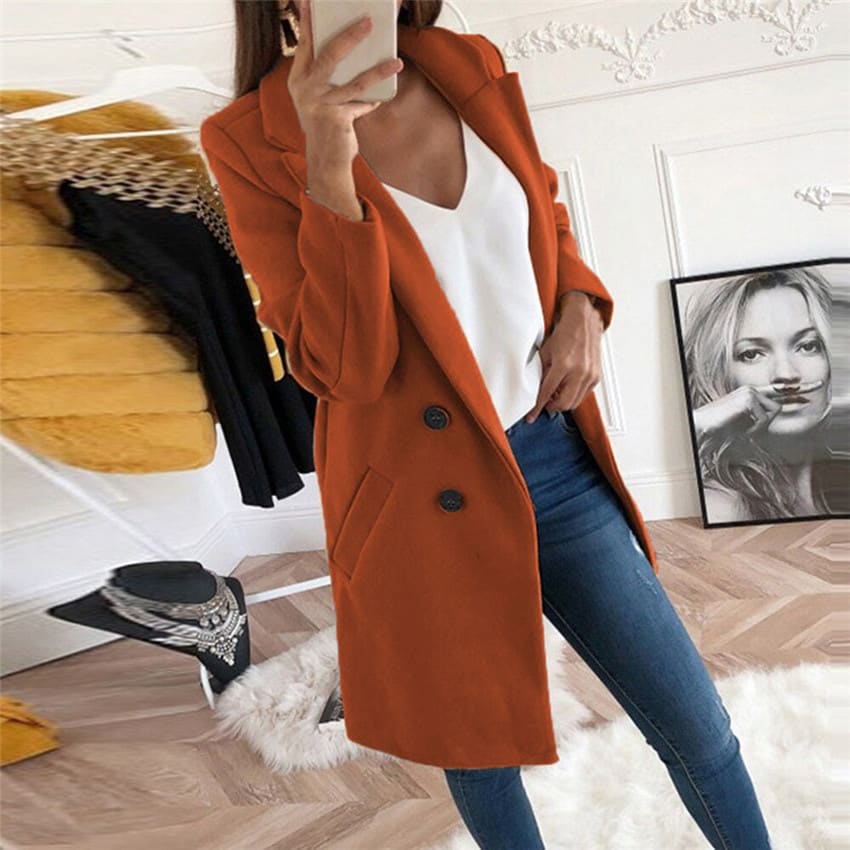 Solid Color Polo Collar Mid-length Button Woolen Coat view 3