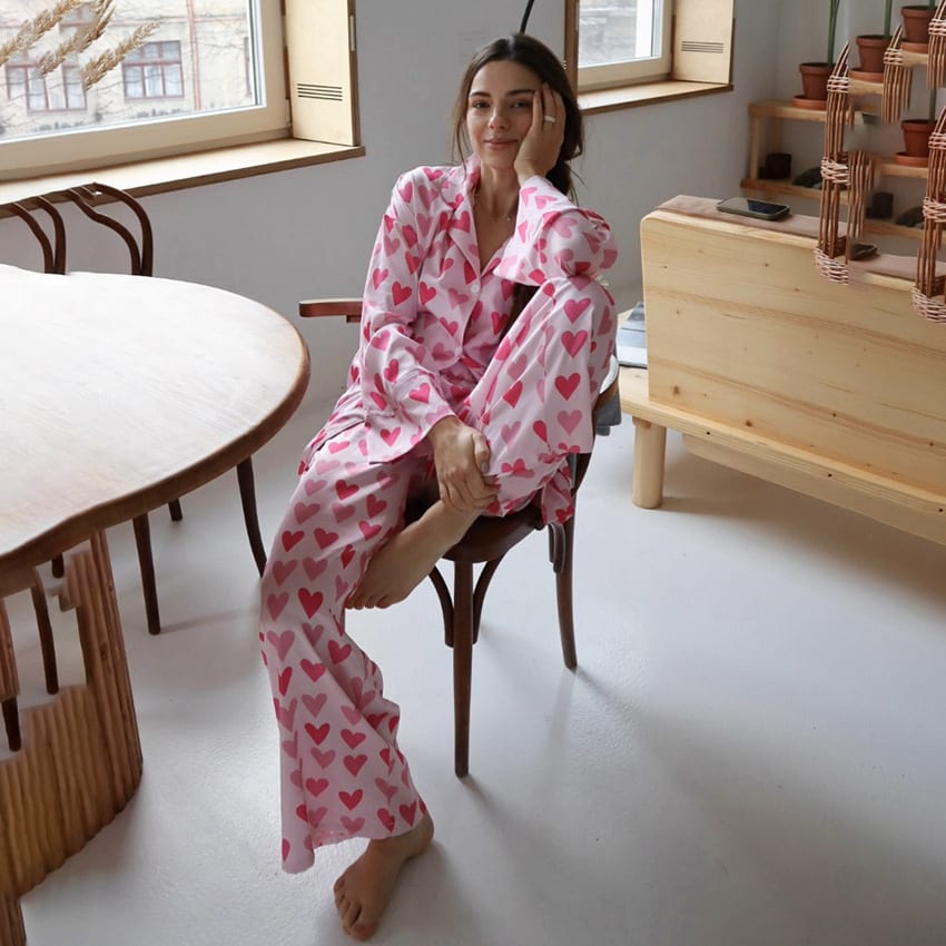 Heart Printing Cardigan Long Sleeve Pants Pajamas Two-piece Set view 4