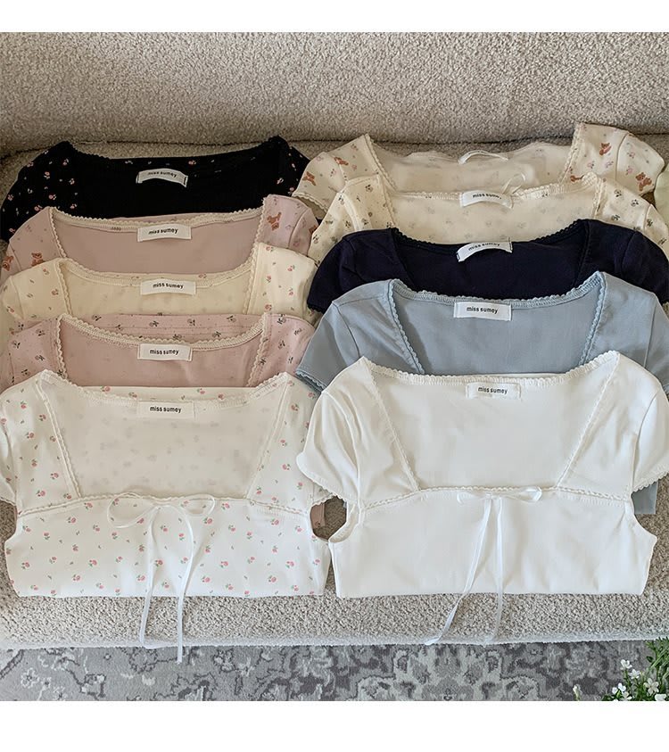 Women's Summer Slim Fit Niche Chic Square Collar Short Sleeve T-shirt Top view 7