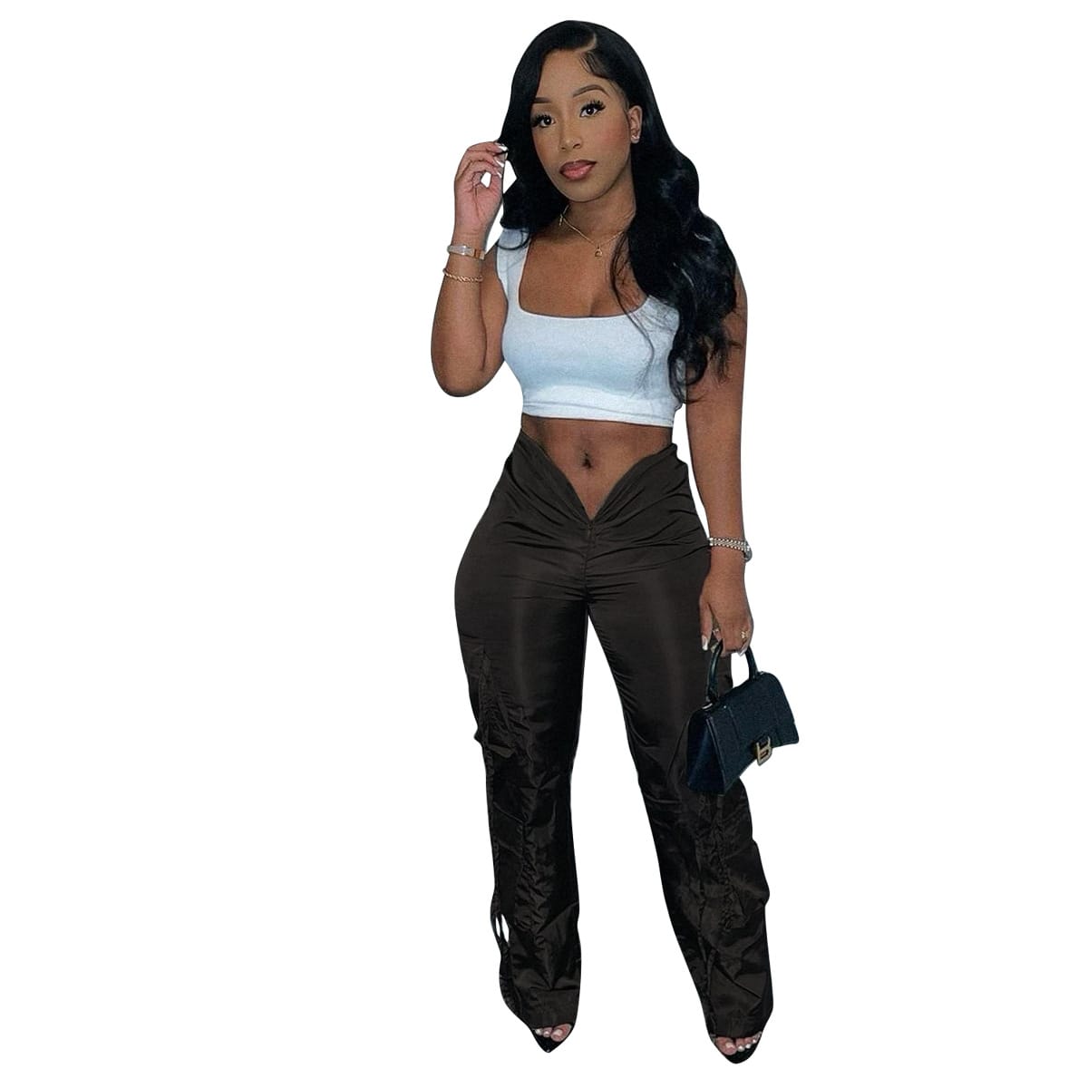 Women's Zipper Closure Strap Solid Color Green Casual Trousers view 9
