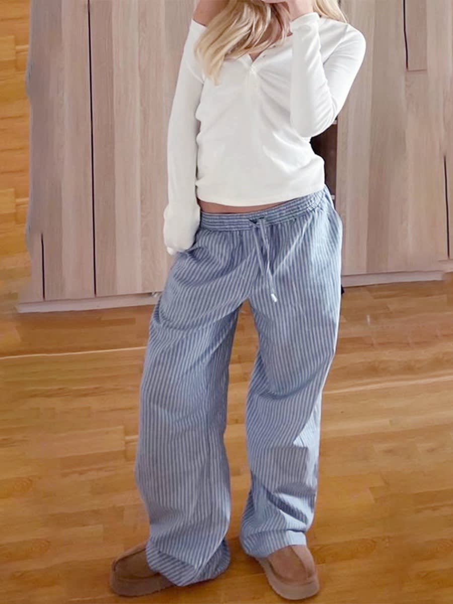 Striped Printed Elastic Waist Drawstring Pocket Straight Casual Trousers view 9