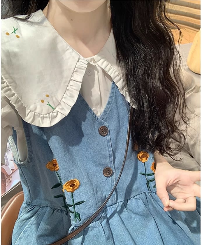 Embroidered Waist-tight Denim Suspender Skirt Col Claudine Top Two-piece Set view 15