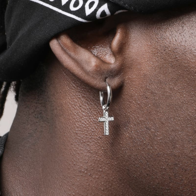 Sterling Silver Cross Ear Ring Men And Women Hip Hop Inlaid Zircon view 7