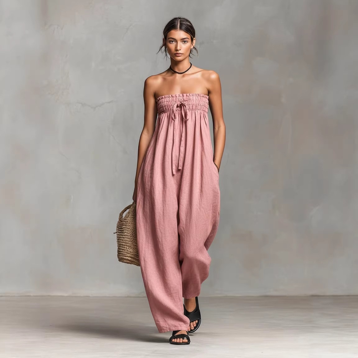 Women's Strapless Ruched Jumpsuit Summer Fashion Tie-up Loose Straight-leg Jumpsuit view 5