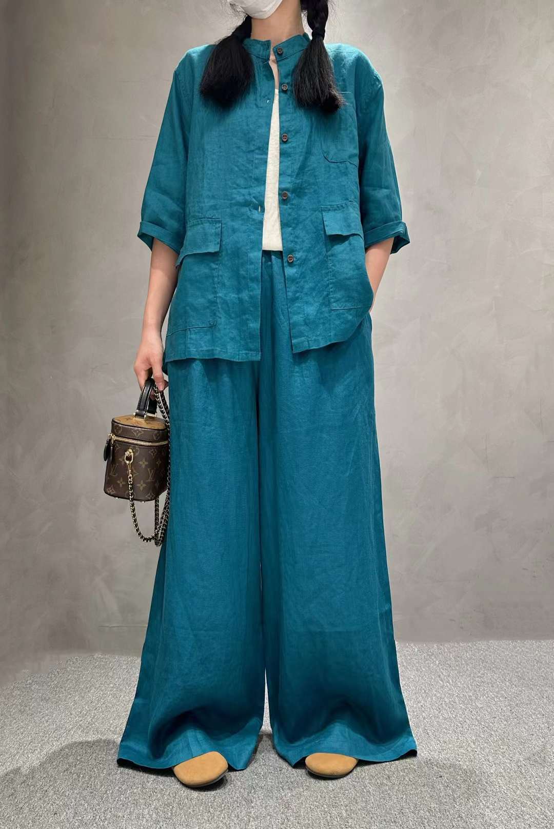 Solid Color Linen Suit Half Sleeve Shirt Casual Pants view 8