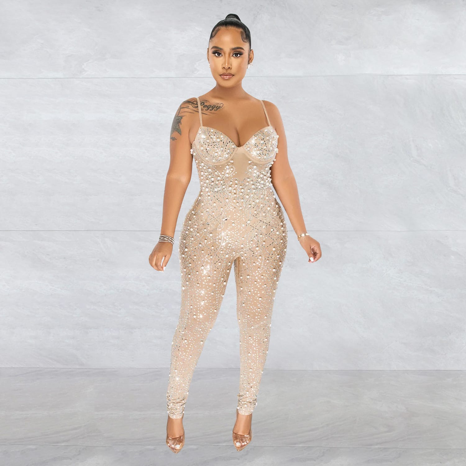 Women's Pure Color Mesh Rhinestone Sleeveless Trousers Jumpsuit view 11