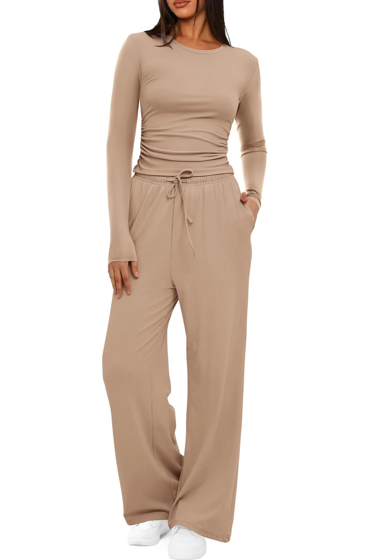 2 Pieces Women's Suit Autumn Winte Long Sleeve Tops High Waisted Wide Leg Pants Sportswear Female Clothes Solid Color Casual Suit view 13