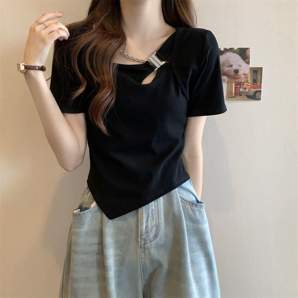 Slim Fit And Thin Cover Belly Hot Girl Irregular Short-sleeved T-shirt For Women view 2