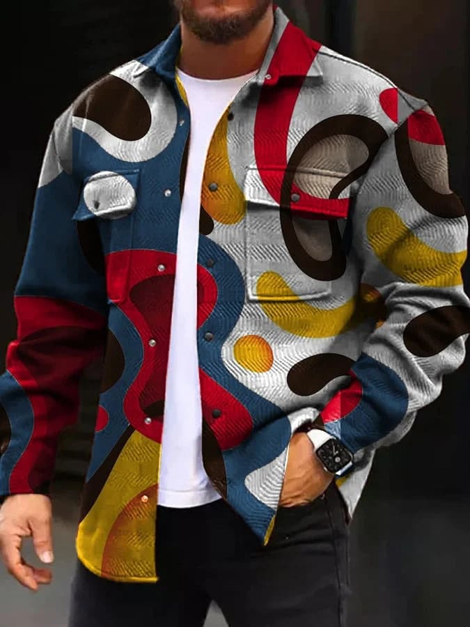 Printing Lapel Men's Jacket Single-breasted Plaid Top view 2