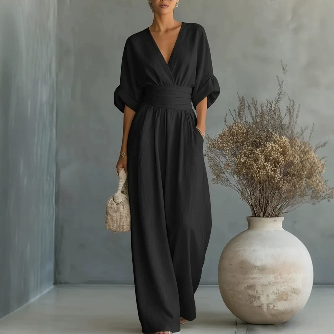 Summer Short-sleeved Jumpsuit Fashion Casual V-Neck Wide-Leg Pants Womens Clothing view 7