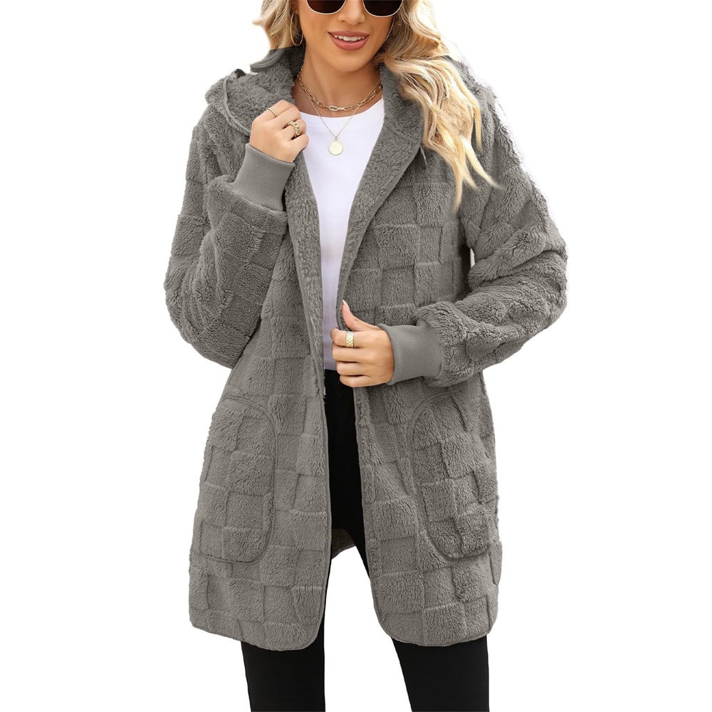 Cardigan Plaid Jacquard Hooded Pocket Plush Cardigan Jacket view 8