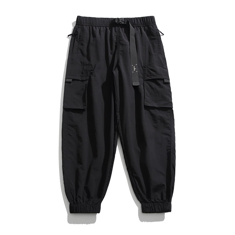 Retro Japanese Multi-pocket Workwear Ankle-tied Ice Silk Casual Pants view 3