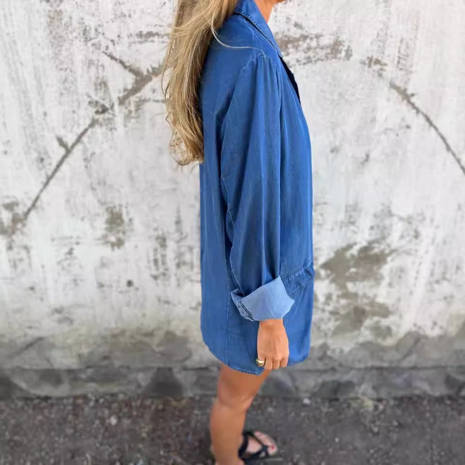 Lapel Shirt Jacket Ins Fashion Solid Color Long-sleeved Denim Top Autumn And Spring Casual Daily Streetwear Women's Clothing view 3