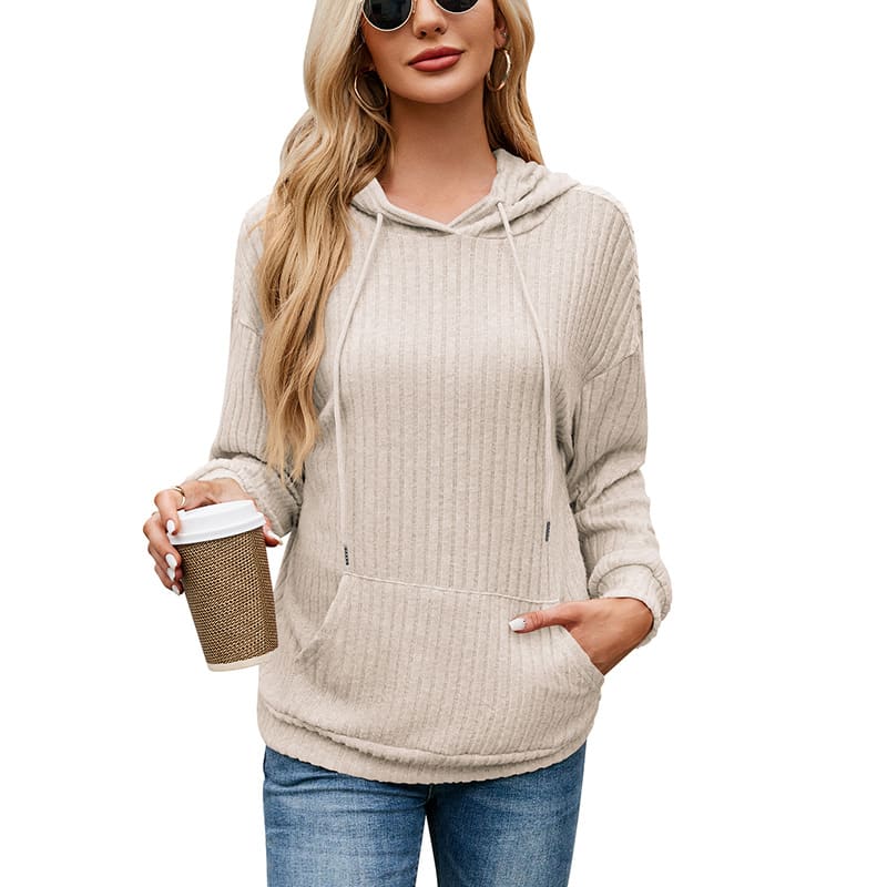 Women's Knitwear Hooded Sunken Stripe Kangaroo Pocket Sweatshirt view 8