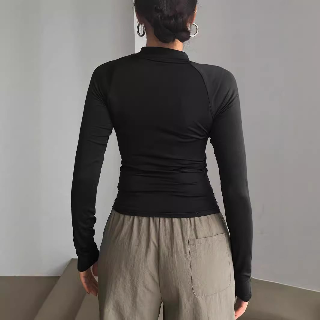 European And American Sports Style Long-sleeved T-shirt Solid Color Y2g Half-open Collar Short Top view 2