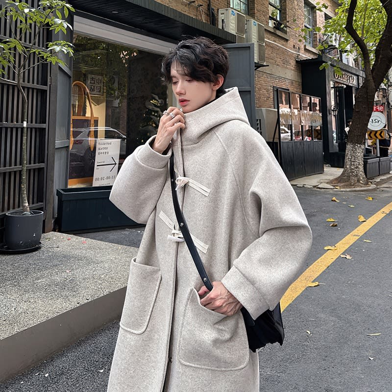 High-grade Woolen Horn Button Hooded Coat Mid-length view 3