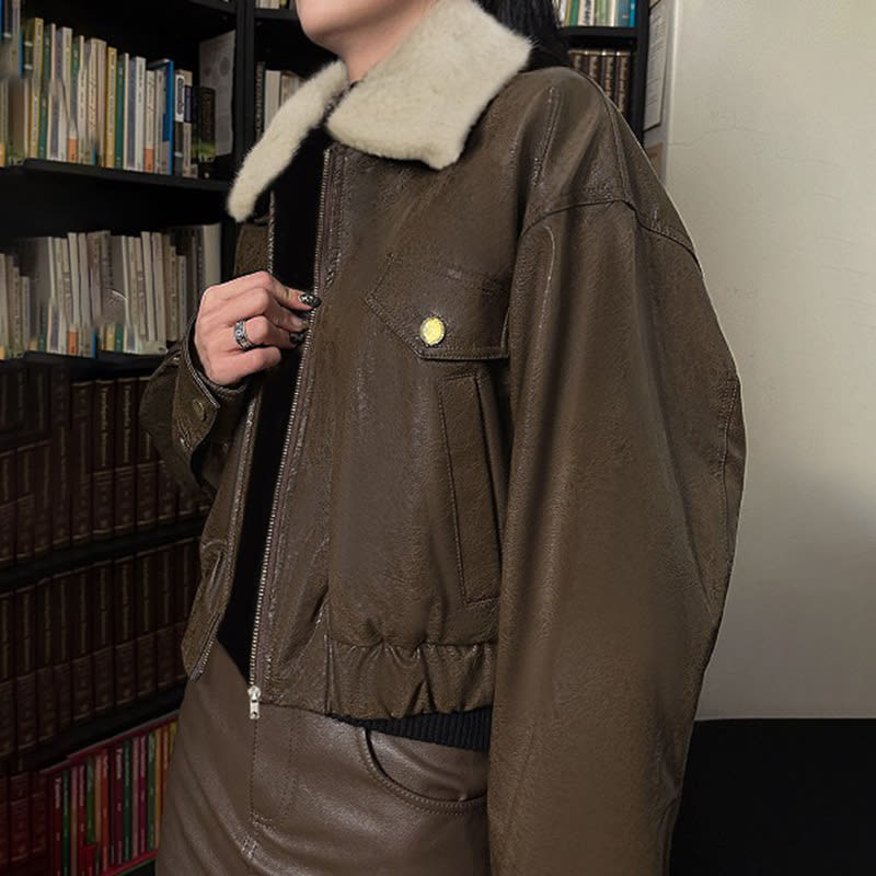 Retro Fur Collar Workwear Leather Jacket Design Sense view 3