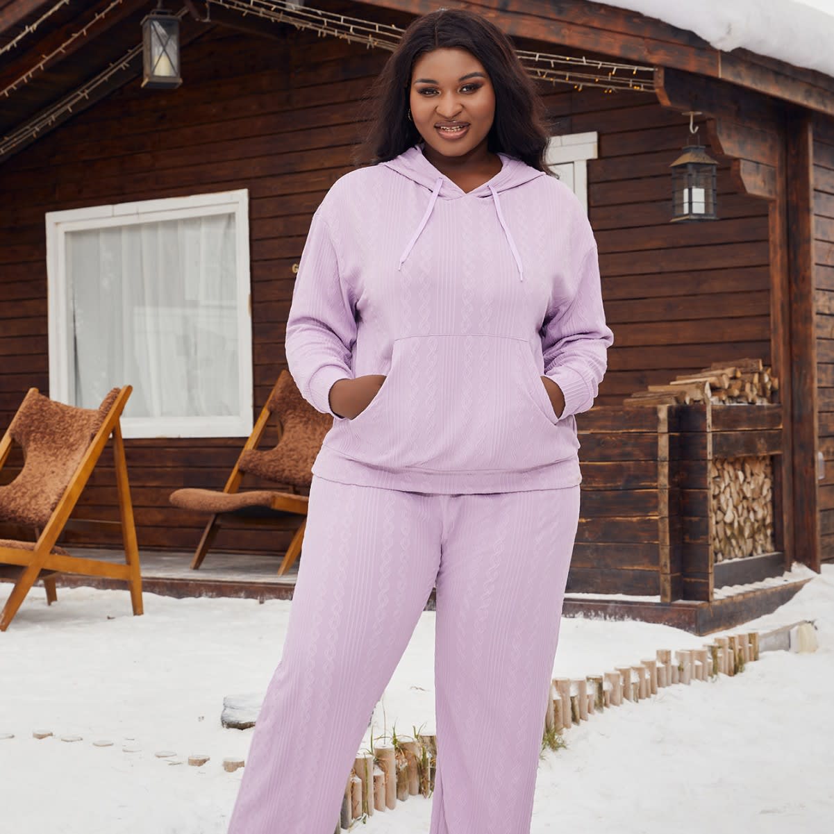 Plus Size Women's Pajamas Imitation Cotton Hooded Sweater Set view 5