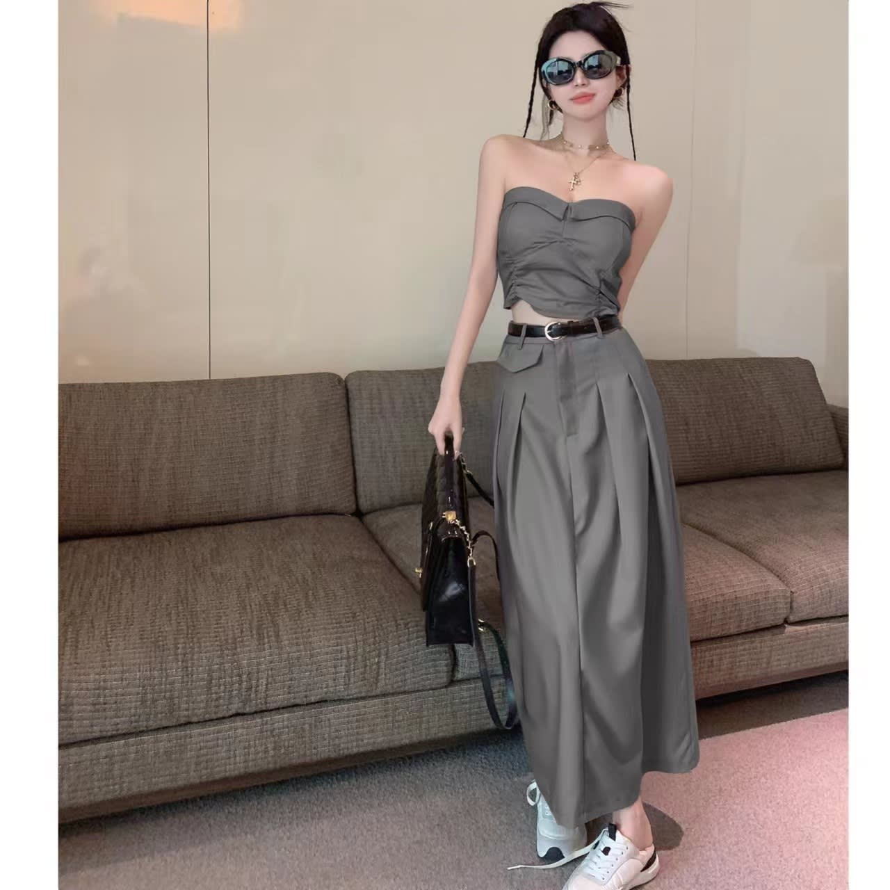 Women's Design Sense Slimming High Waist With Belt Long Skirt Tube Top Two-piece Set view 14