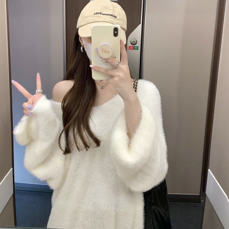 Idle Style V-neck Mink Fur Pullover Women's Mid-length Sweater view 6