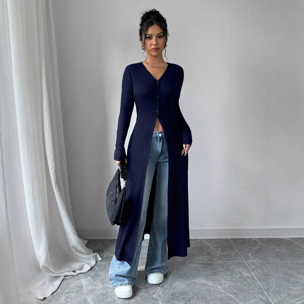 European And American Solid Color Long Button Cardigan Slim Fit Slimming Top Women view 4