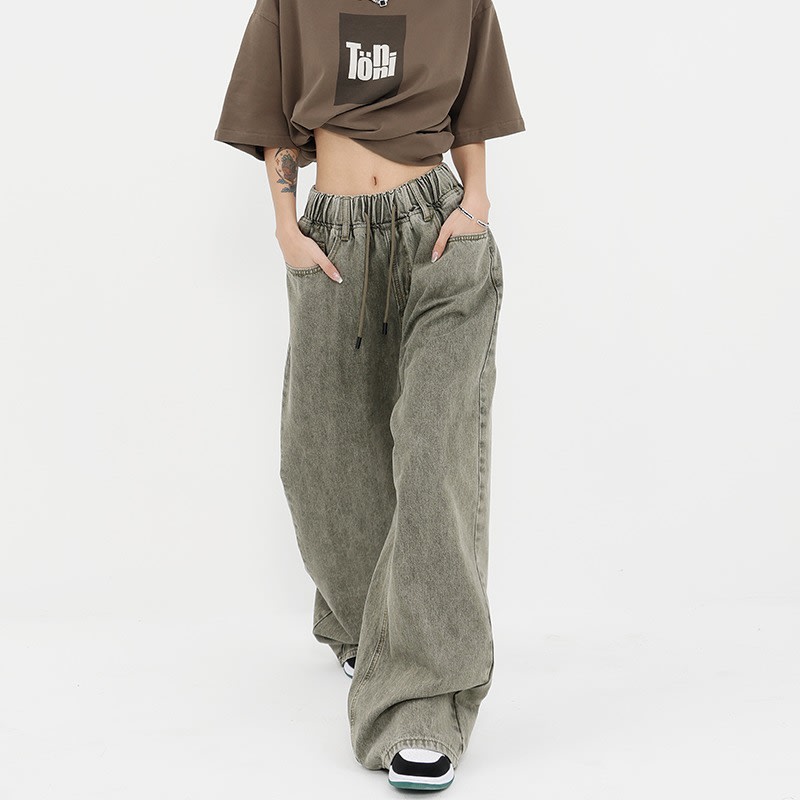 Retro Worn Looking Washed-out Drawstring Jeans For Women view 2
