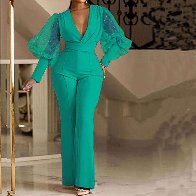 Mesh Stitching Long Sleeves Slim Wide Leg Jumpsuit view 5