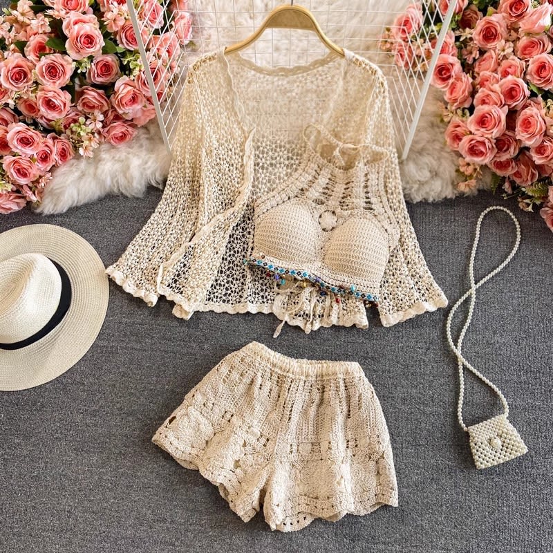 Cardigan Jacket High Waist Crocheted Shorts Beach Holiday Hot Spring Casual Suit view 2