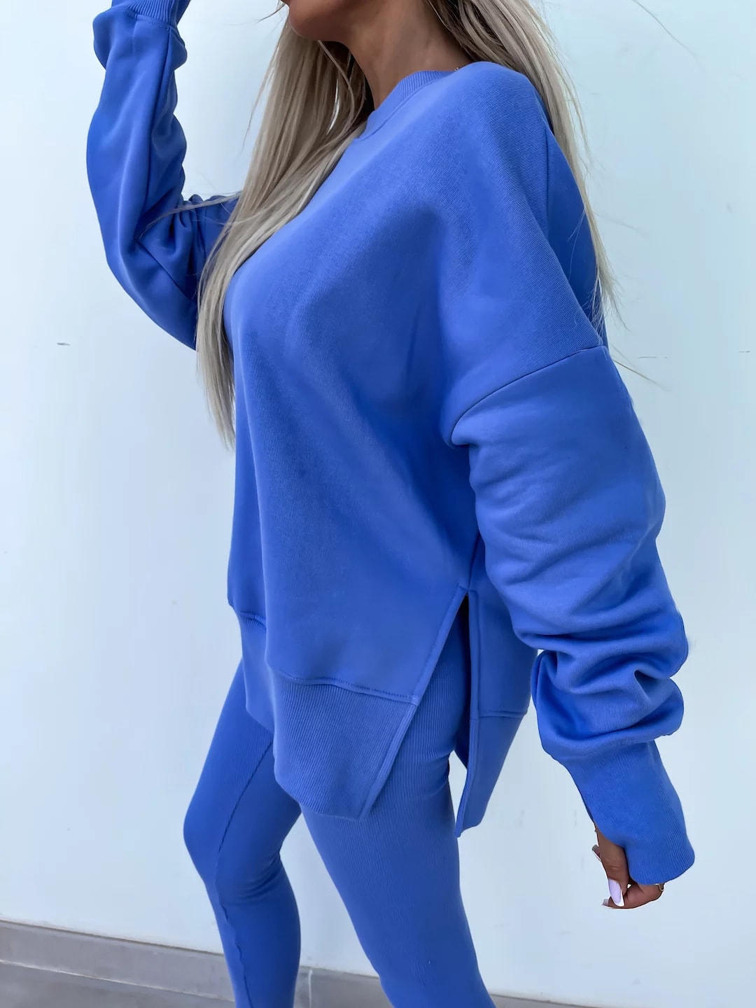 Sweater Suit Women's Casual Loose Long Sleeve Crew Neck Split Top Tight Trousers view 45