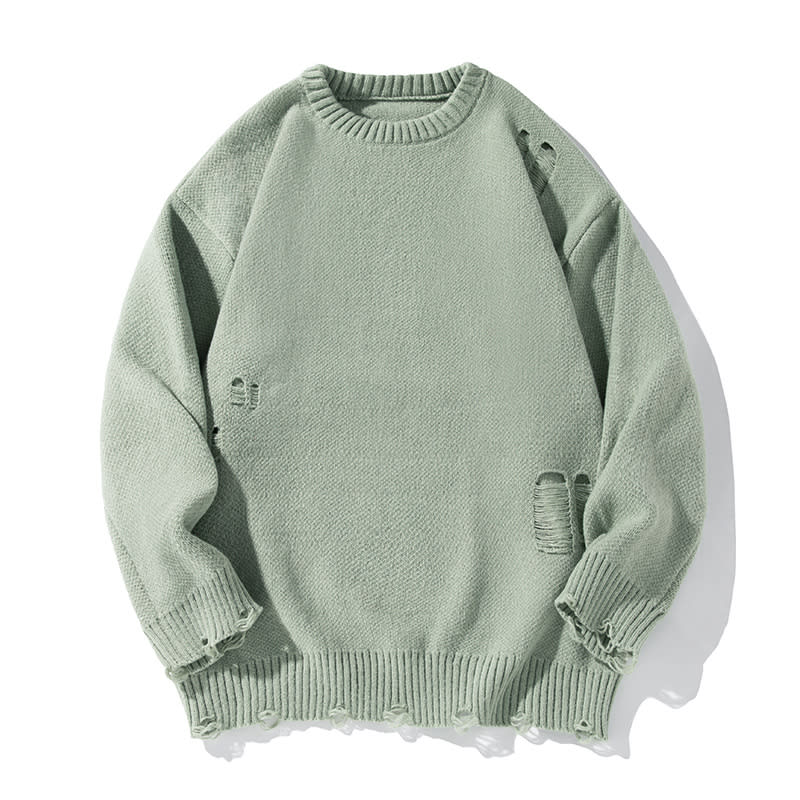 Retro Hollow-out Ripped Design Round Neck Sweater view 2