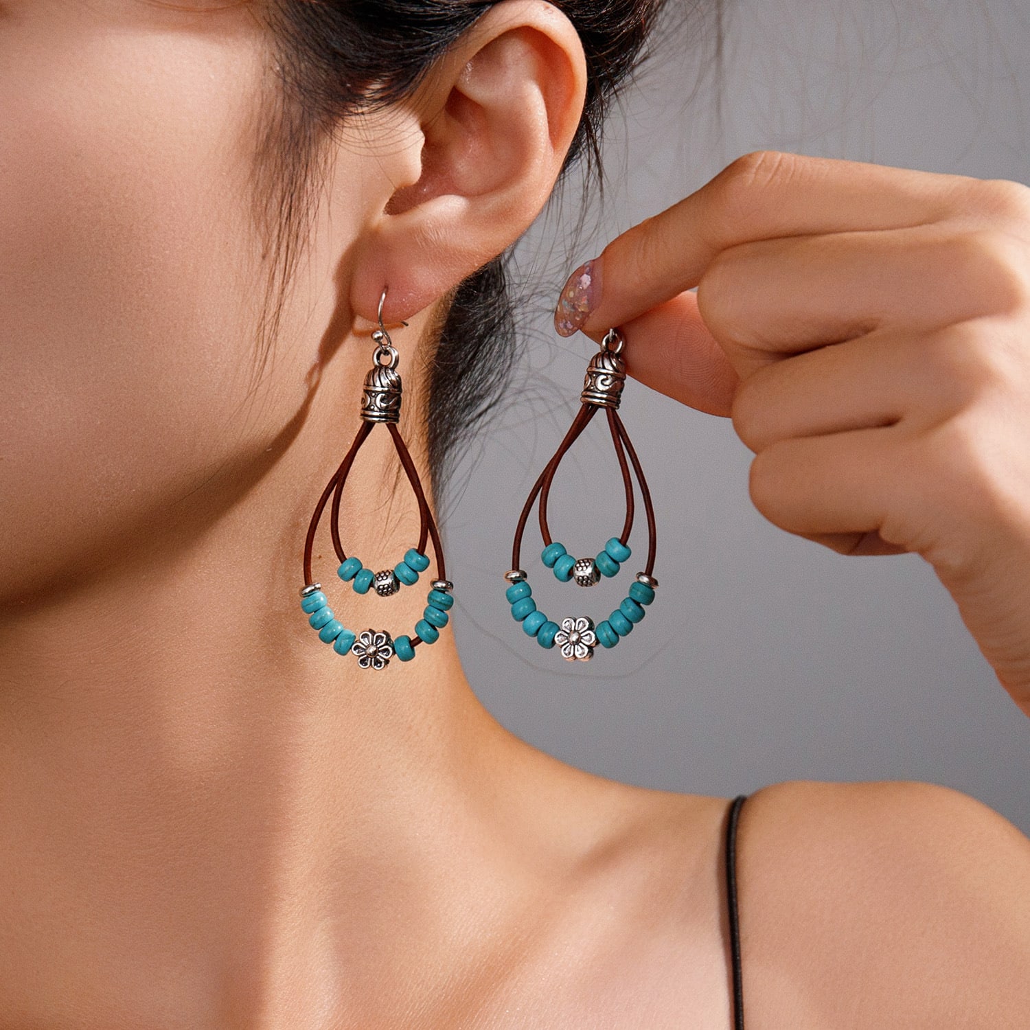 Vintage Earrings Ethnic Style Antique Silver Flower Turquoise Rope Pendant Women's Jewelry view 14