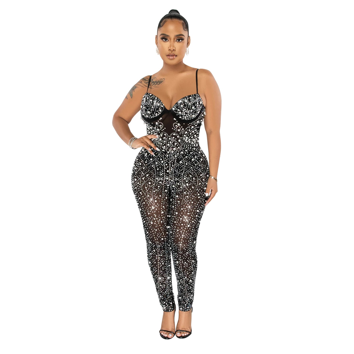 Women's Pure Color Mesh Rhinestone Sleeveless Trousers Jumpsuit view 4